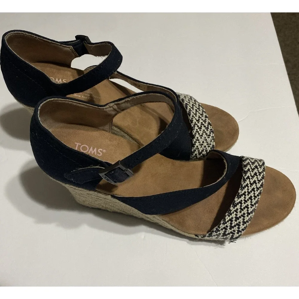 Toms‎ Clarissa Espadrille Women's Size 9 Black White Woven Rope Wedge Sandals